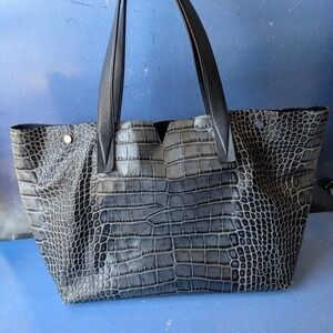 Vince Signature Crocodile Embossed Leather Carryall Shoulder Bag Tote Dark Gray